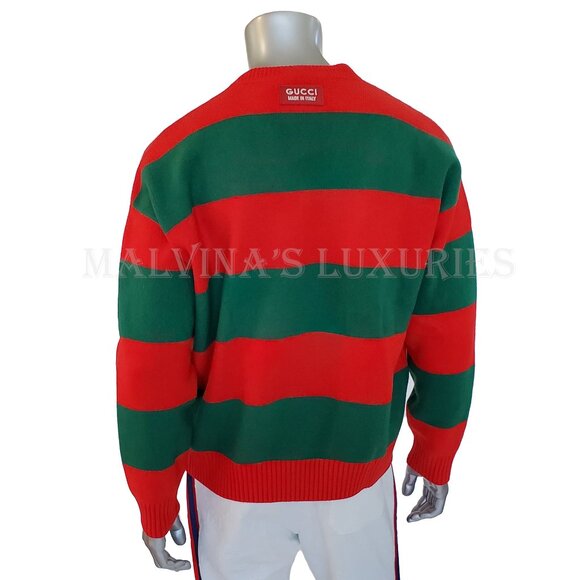 GUCCI MENS SWEATER RED GREEN FELTED WOOL STRIPED PULLOVER V-NECK - Picture 10 of 16